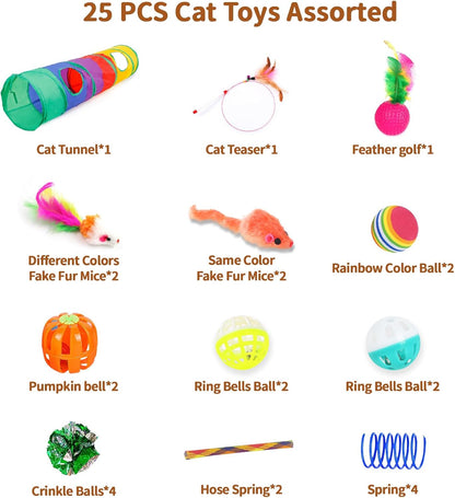 25-Piece Cat Toy Set with Indoor Tunnel for Cats and Kittens