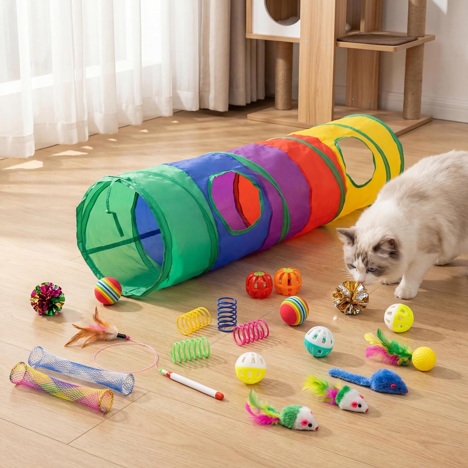 25-Piece Cat Toy Set with Indoor Tunnel for Cats and Kittens
