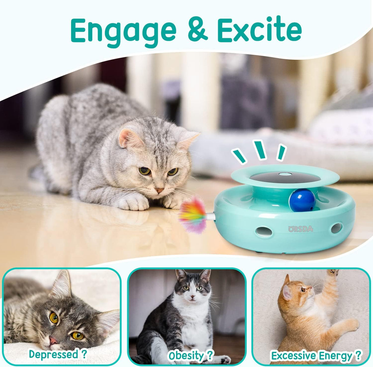 2-in-1 Interactive Cat Toy Set for Indoor Cats, Automatic Toy Balls and Mice with Feather Attachments, Dual Power Supply, Adjustable Speed, Auto On/Off Functionality