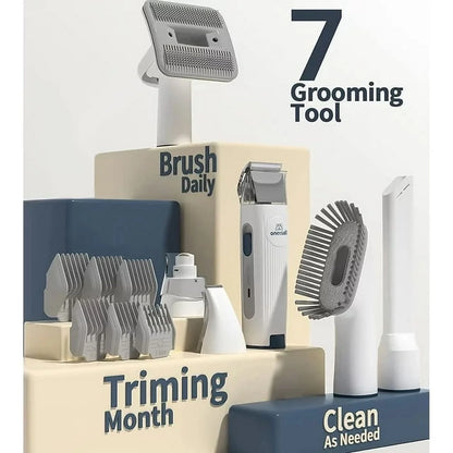 7-in-1 Professional Dog Grooming Kit with Low Noise Vacuum and 1.5L Dust Cup for Shedding, Includes 7 Grooming Tools for Dogs, Cats, and Home Cleaning, Gray