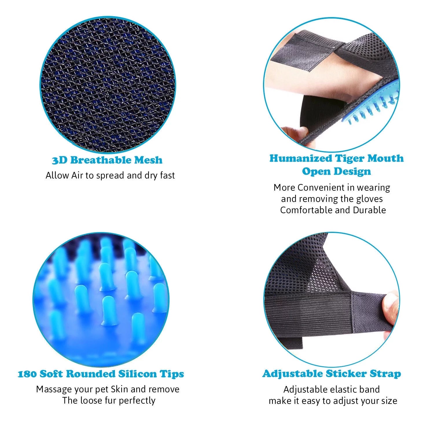 Pet Grooming Gloves for Dogs and Cats - Hair Remover Mitts with Massage and Deshedding Features, Blue (1 Pair)