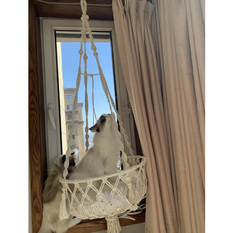 Handwoven Bohemian Macrame Cat Hammock Swing Bed for Home and Bedroom Wall Decoration