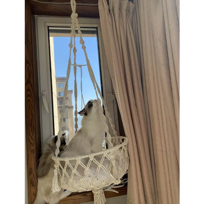 Handwoven Bohemian Macrame Cat Hammock Swing Bed for Home and Bedroom Wall Decoration