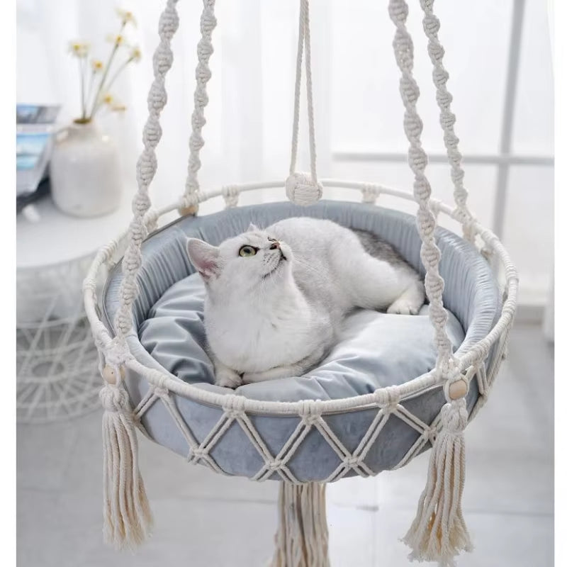 Handwoven Bohemian Macrame Cat Hammock Swing Bed for Home and Bedroom Wall Decoration