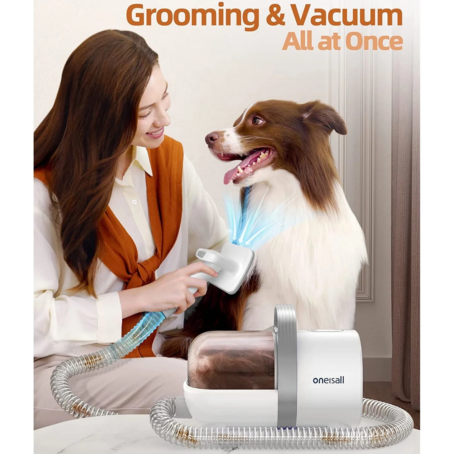 7-in-1 Professional Dog Grooming Kit with Low Noise Vacuum and 1.5L Dust Cup for Shedding, Includes 7 Grooming Tools for Dogs, Cats, and Home Cleaning, Gray