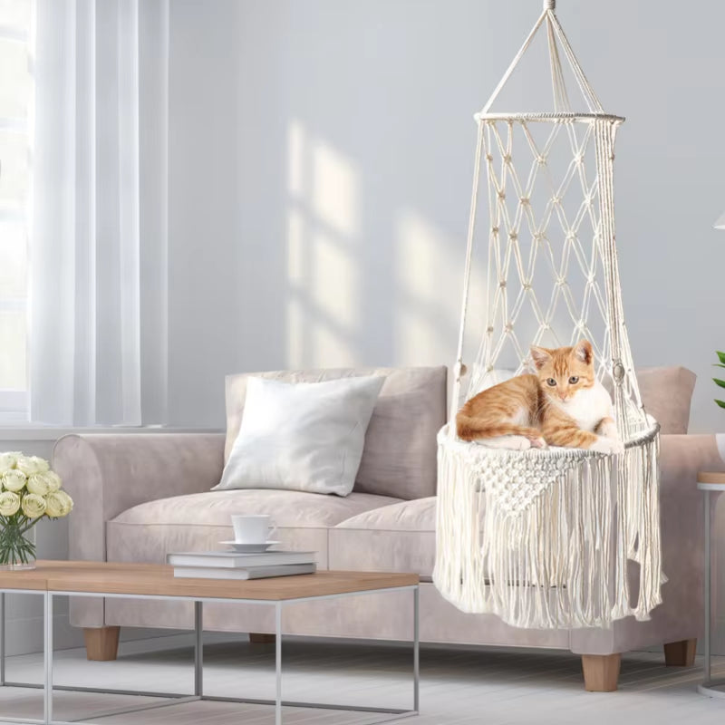 Handwoven Bohemian Macrame Cat Hammock Swing Bed for Home and Bedroom Wall Decoration