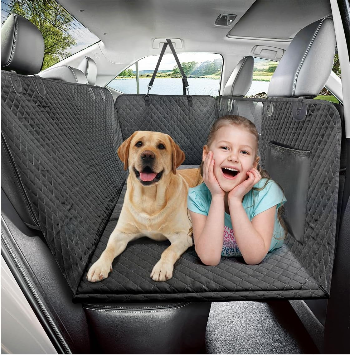 Premium Dog Car Seat Cover and Hammock for Backseat Protection in Cars, Trucks, and SUVs with Hard Bottom Design
