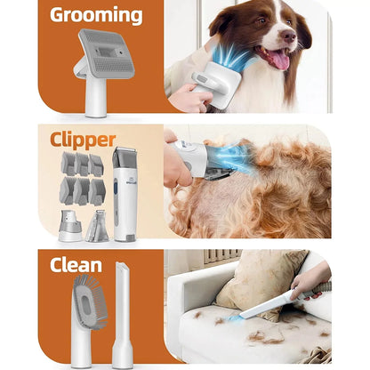 7-in-1 Professional Dog Grooming Kit with Low Noise Vacuum and 1.5L Dust Cup for Shedding, Includes 7 Grooming Tools for Dogs, Cats, and Home Cleaning, Gray