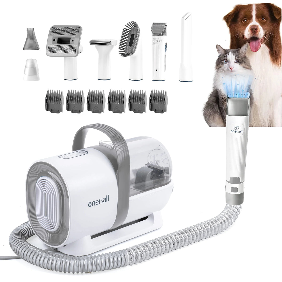 7-in-1 Professional Dog Grooming Kit with Low Noise Vacuum and 1.5L Dust Cup for Shedding, Includes 7 Grooming Tools for Dogs, Cats, and Home Cleaning, Gray