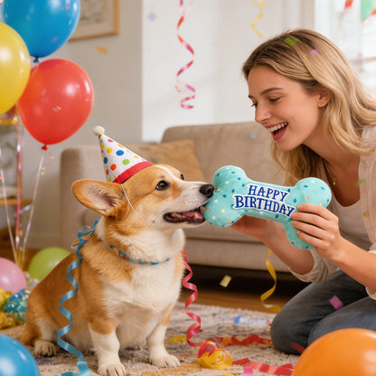 Dog Birthday Plush Squeaky Chew Toys - Bone Design for Small, Medium, and Large Dogs
