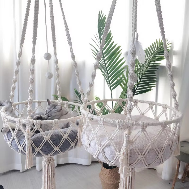 Handwoven Bohemian Macrame Cat Hammock Swing Bed for Home and Bedroom Wall Decoration