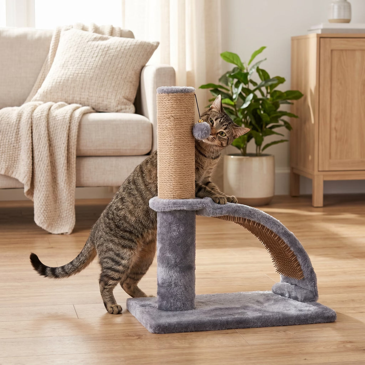Jute Cat Scratching Post with Integrated Arch Massager, Gray, 17 Inches